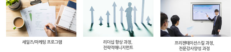 세일즈/마케팅프로그램, 리더십 향상과정, 전략적 매니지먼트, 프리젠테이션스킬과정, 전문강사야성과정